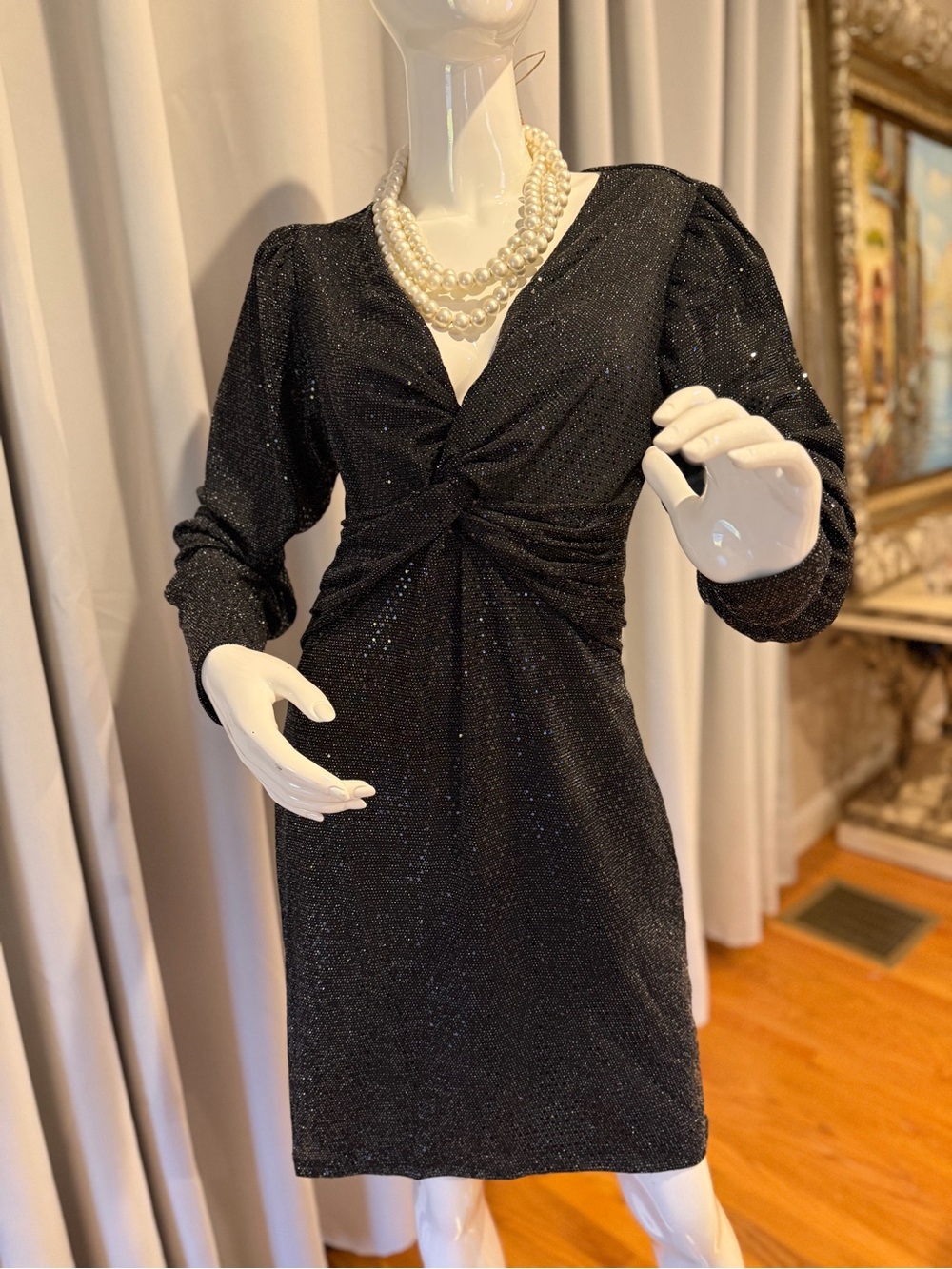 Elegant Black Twist-Front Sparkle Dress